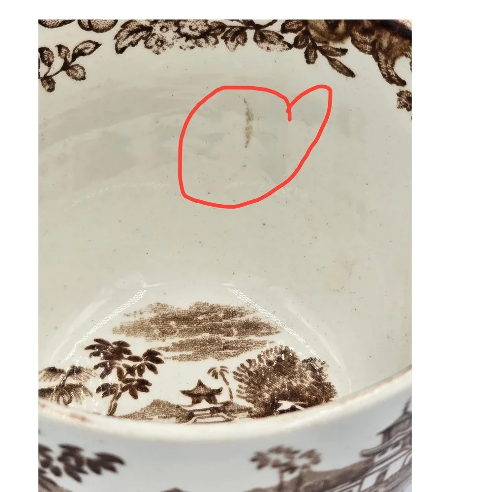 Antique Brown Transferware Tea Cup Chinoiserie Pagoda Landscape Scene White